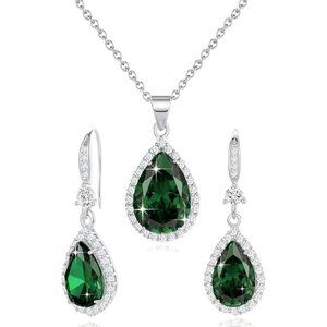 Women's White Gold Plated Emerald Green Teardrop Evening Luxury Jewelry Set